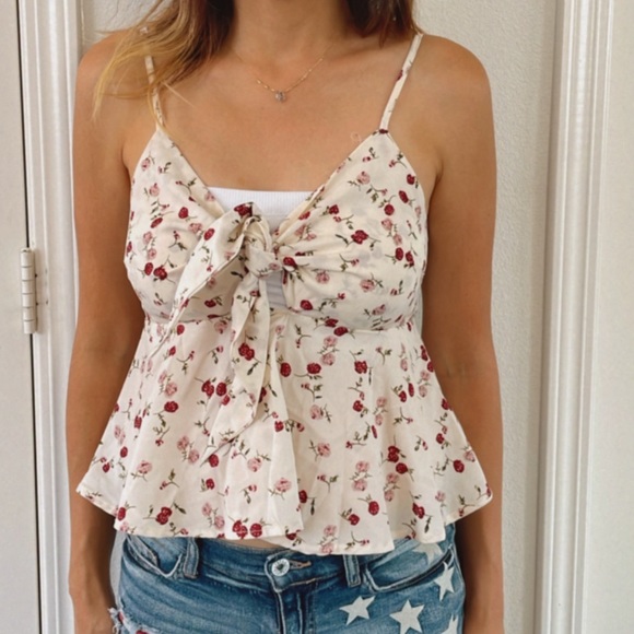 Boho Floral Print front tie Babydoll Top - Picture 1 of 5